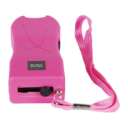 pink runt stun gun bottom view wrist strap wall charger