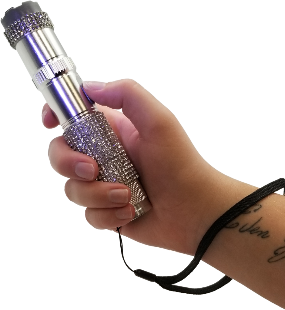 RhineStun silver bling flashlight stun gun in hand