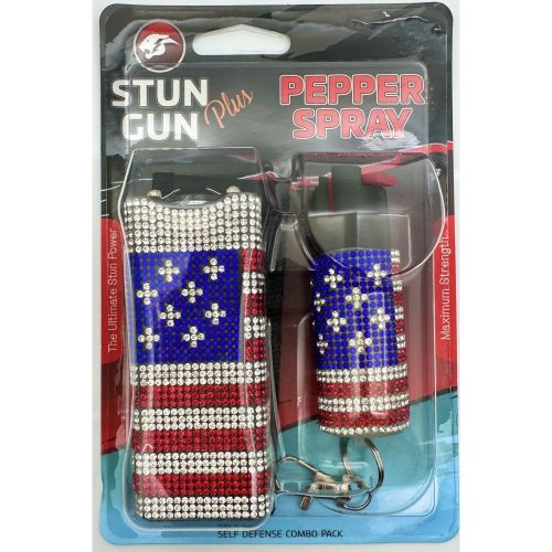 USA Flag Rhinestones Mini Stun Gun and Pepper Spray Combo for Self Defense