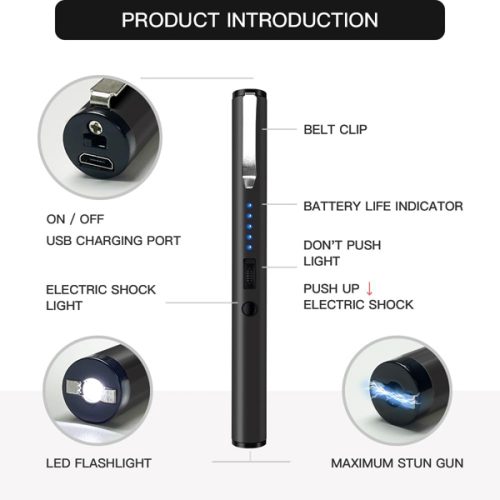 ThugBusters Black stun pen with flashlight diagram