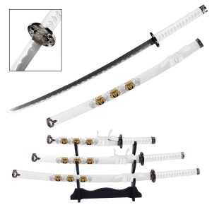 Japanese Samurai Warrior Katana Sword Set with Stand White