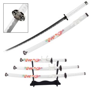 Floral Japanese Samurai Katana Sword Set with Stand White