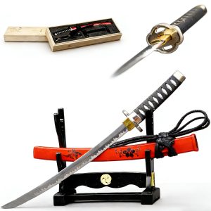 Red Samurai Sword Letter Opener, Mini Katana with Display Stand 7.85 inch