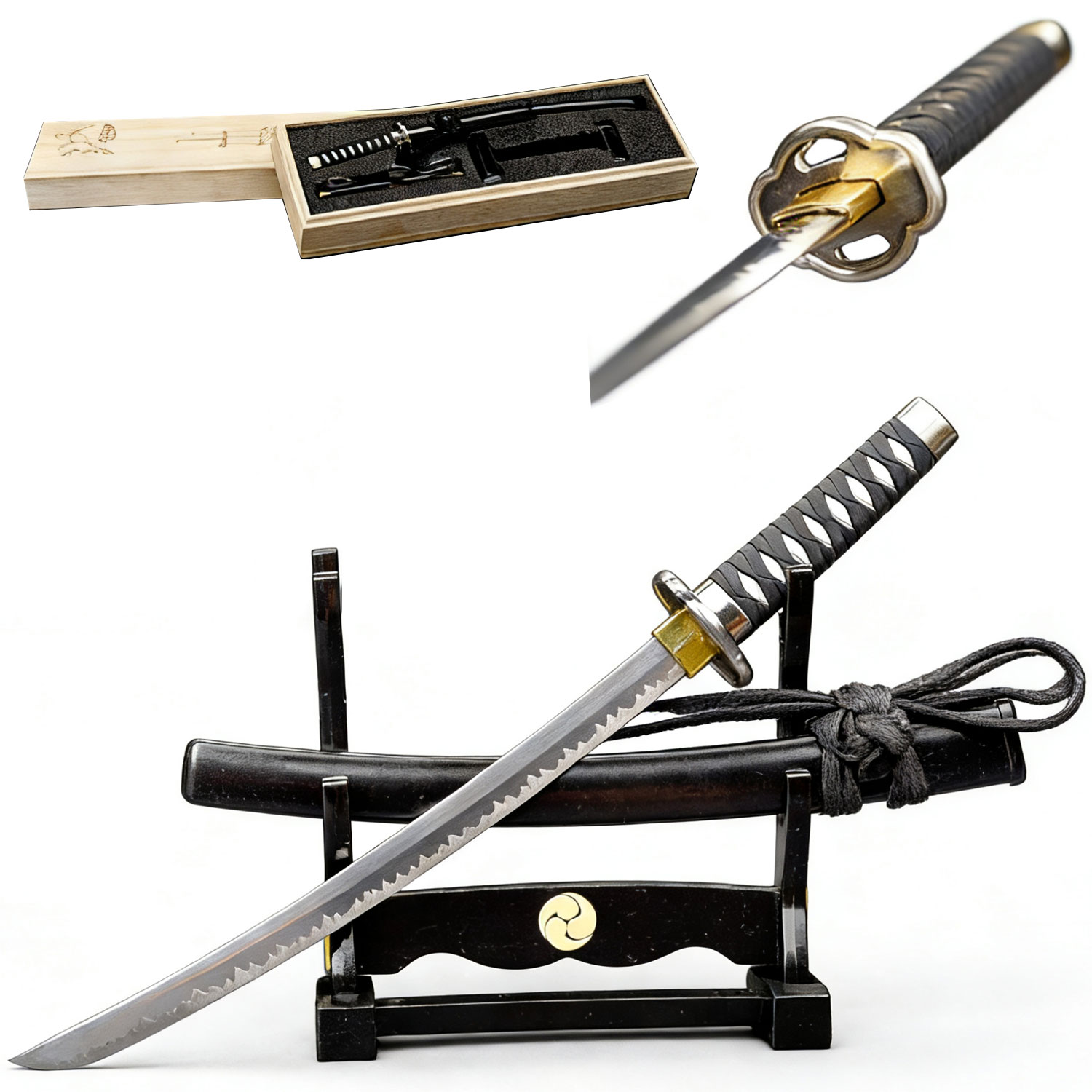 Black Samurai Sword Letter Opener, Mini Katana with Display Stand 7.85 inch