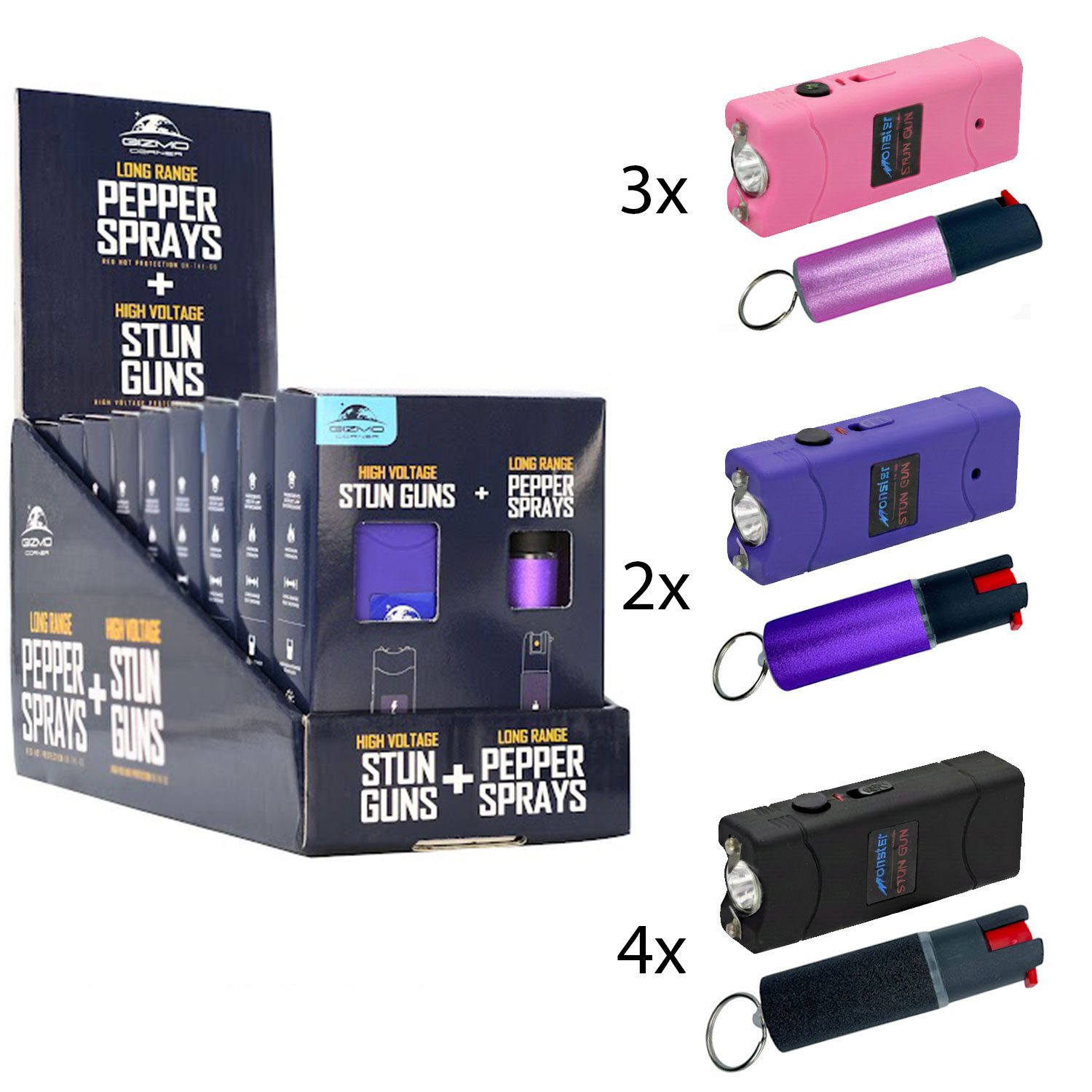 9 Pc Mini Stun Gun and Pepper Spray Combo Set with Counter Display, 8 Million Volt Rechargeable Stun Gun, Sparkle Keychain Pepper Spray with UV Dye, Assorted Colors, Retail Counter Display for Convenience Stores, Salons, and College Bookstores - Image 2