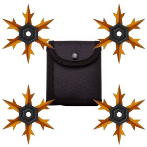 4 Pc Set Orange and Black Finish Six Point Throwing Ninja Stars Snowflake Shurikens