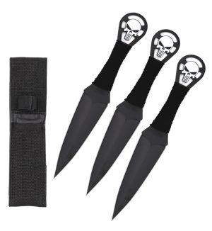 9 Inch Black Punisher Skull Throwing Knives 3 Pc Set