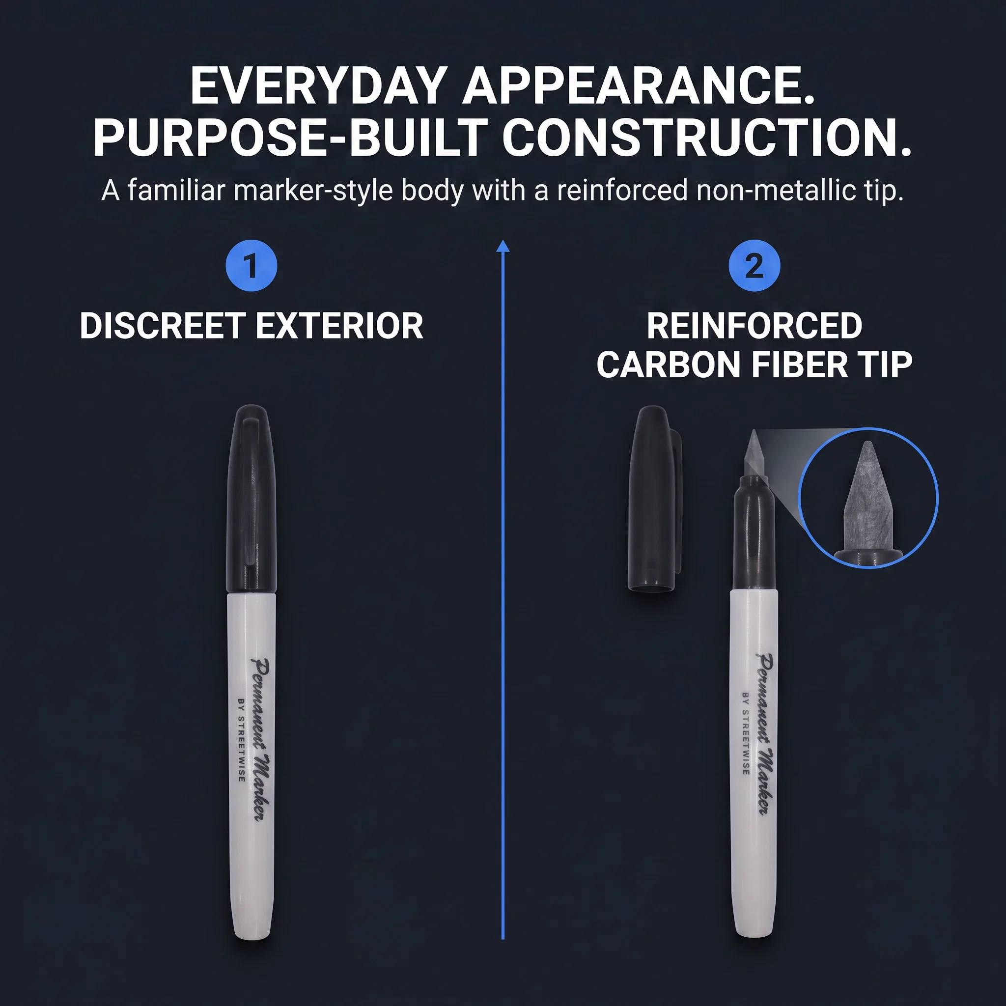 Streetwise Permanent Marker Self-Defense Pen, Discreet Carbon Fiber Striking Tip, Non-Metallic Everyday Carry Design, 6-Inch Compact Body, Personal Protection for Work, Travel, and Restricted Environments - Image 2